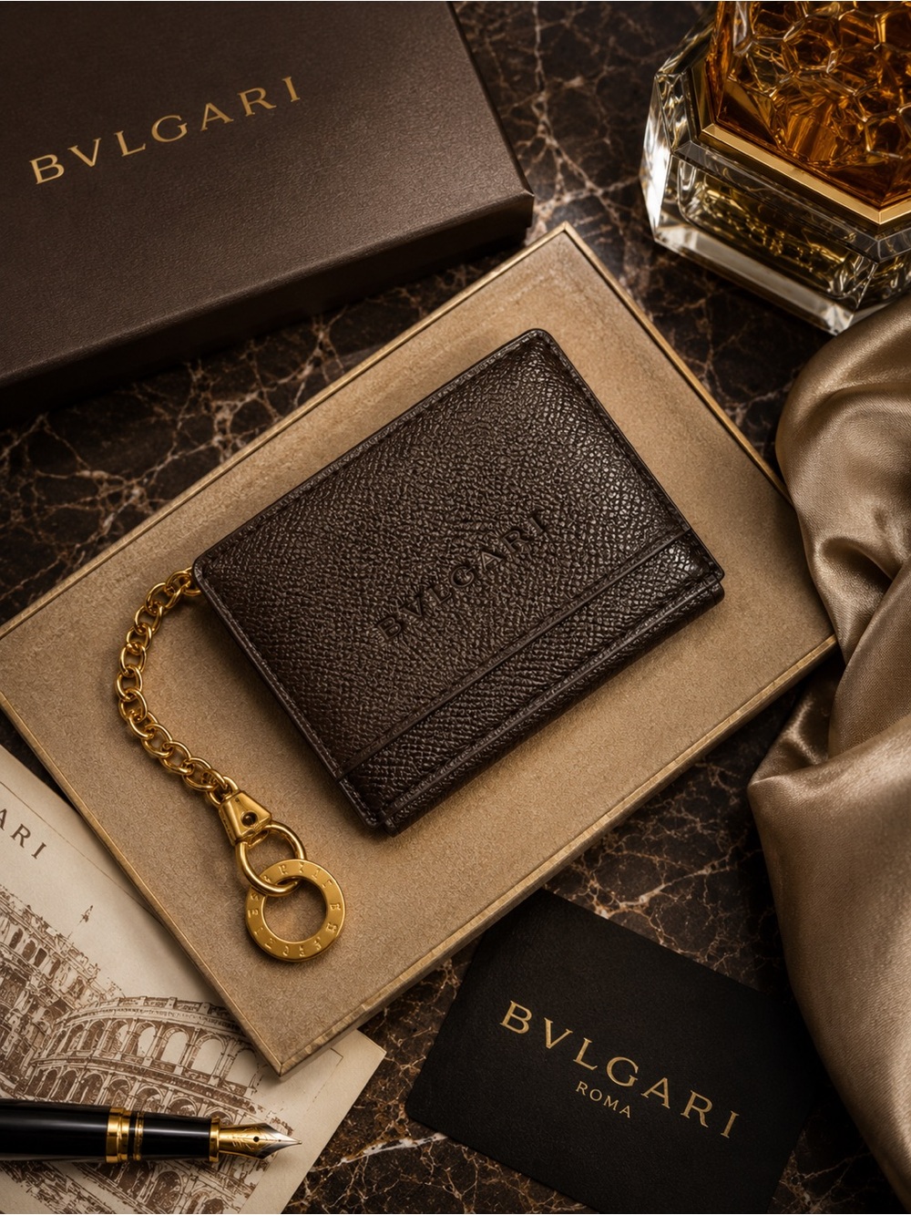 BVLGARI Bulgari Brown Leather Key Card Holder Gold Chain Quiet Luxury